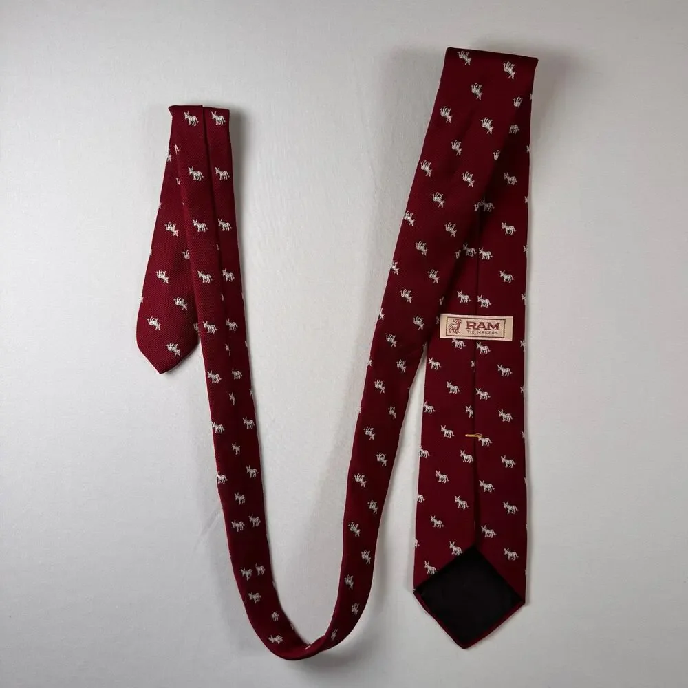 Ram Tie Makers Men’s Necktie Red Donkey Motif Embroidered Novelty Tie Preppy EUC